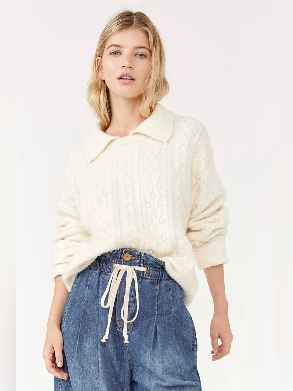 Free People Every Cloud Sweater Women’s XS Ivory Cable Knit Foldover Collar